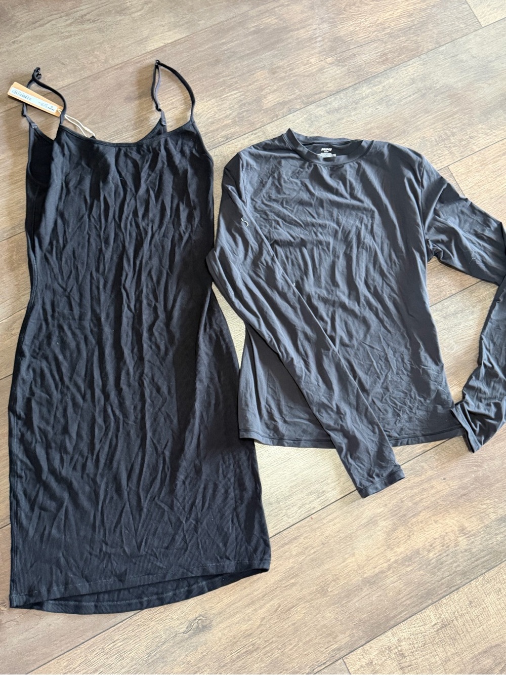 SKIMS Black Slip Dress + Black Long Sleeve Top Duo M